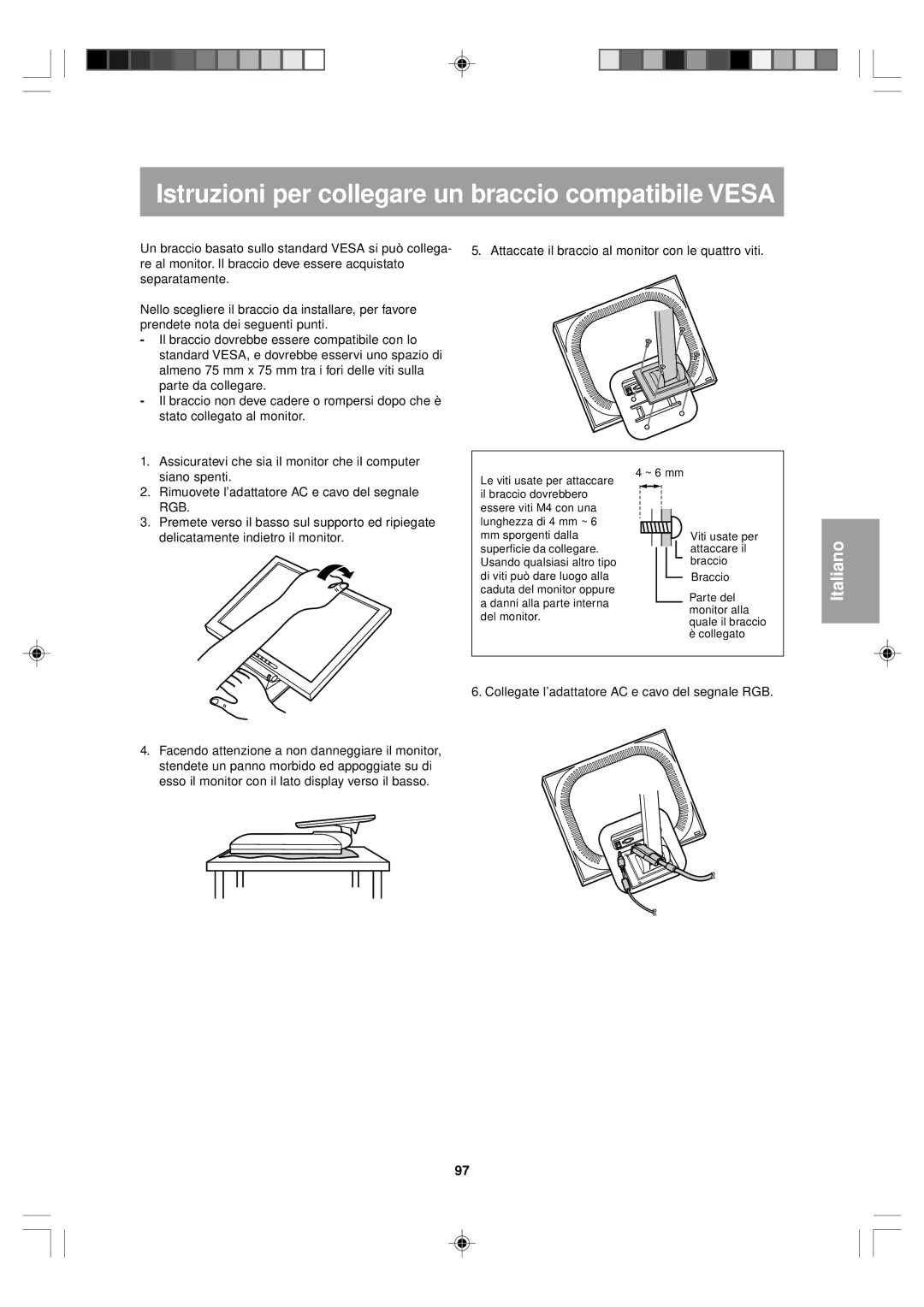 Sharp LL-T15V1 operation manual Istruzioni per collegare un braccio compatibile Vesa 