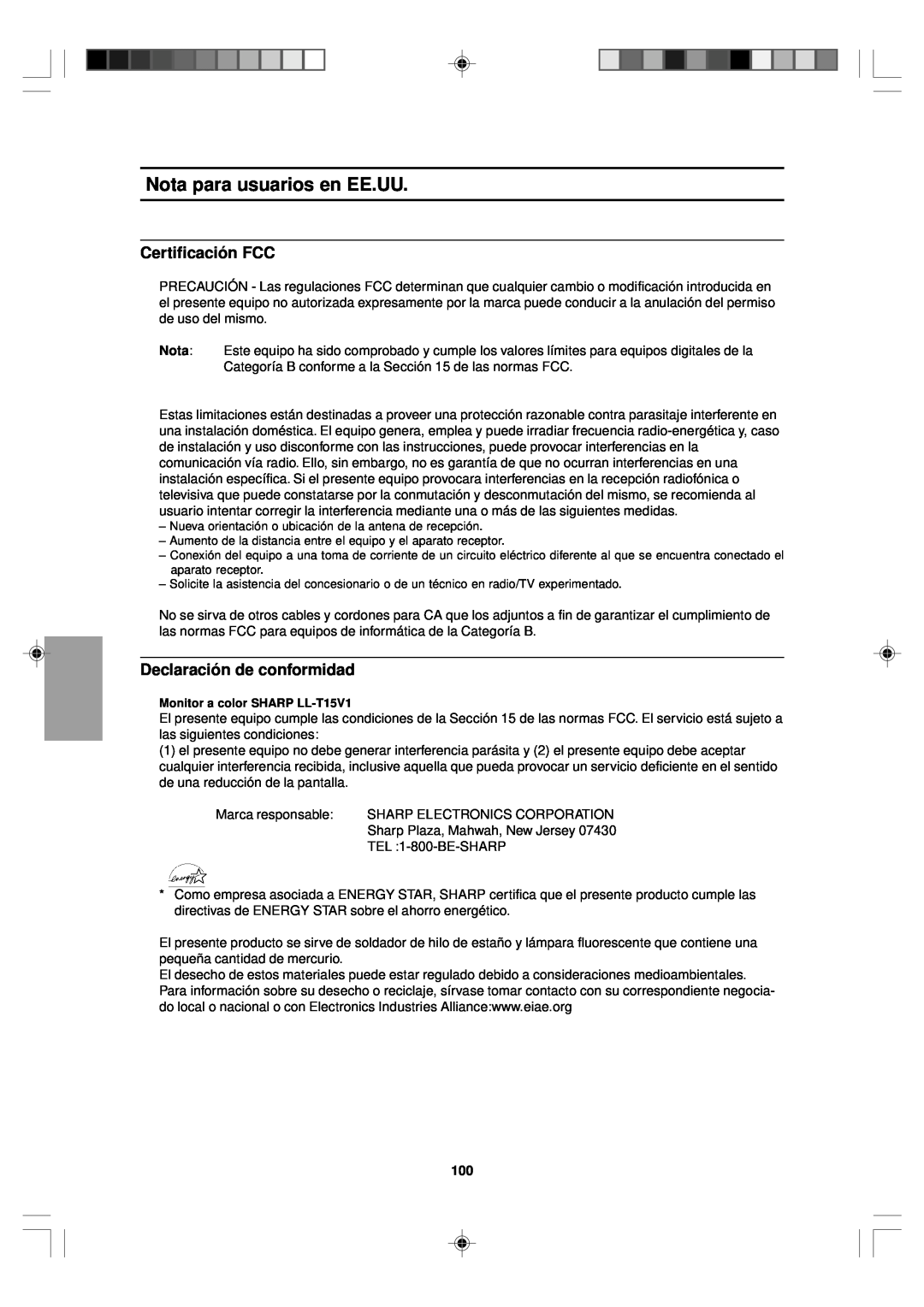 Sharp LL-T15V1 operation manual Nota para usuarios en EE.UU, Certificación FCC, Declaración de conformidad 