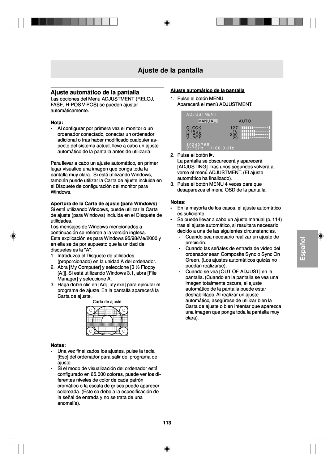Sharp LL-T15V1 operation manual Ajuste de la pantalla, Ajuste automático de la pantalla, Español, Notas 