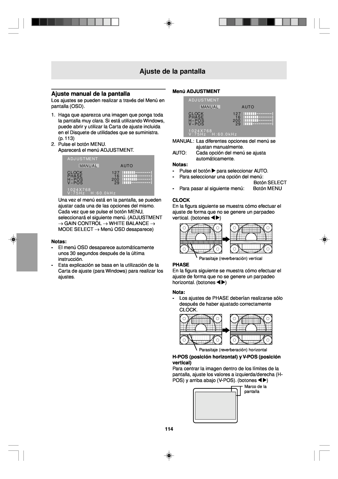 Sharp LL-T15V1 Ajuste manual de la pantalla, Menú ADJUSTMENT, H-POS posición horizontal y V-POS posición vertical, Notas 