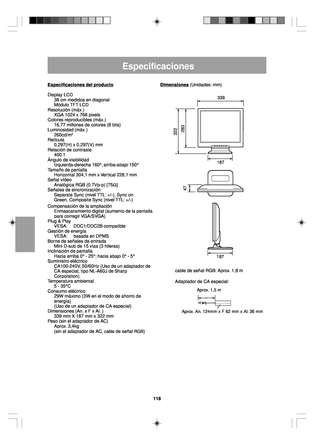Sharp LL-T15V1 operation manual Especificaciones del producto 