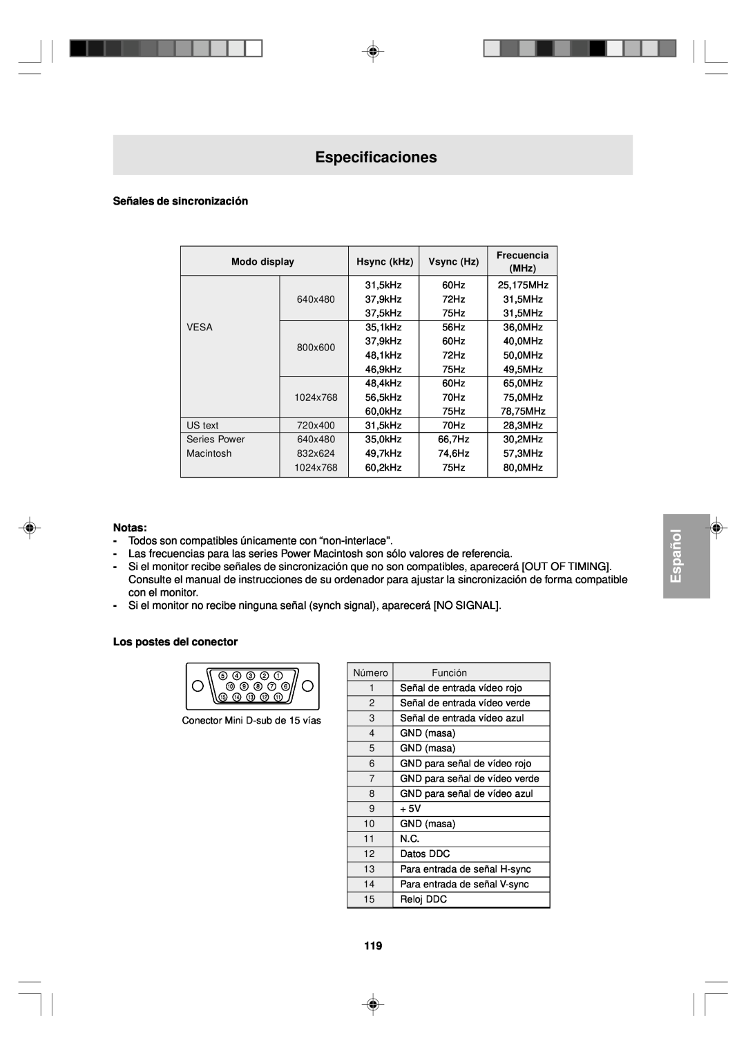 Sharp LL-T15V1 operation manual Especificaciones, Señales de sincronización, Los postes del conector, Español, Notas 