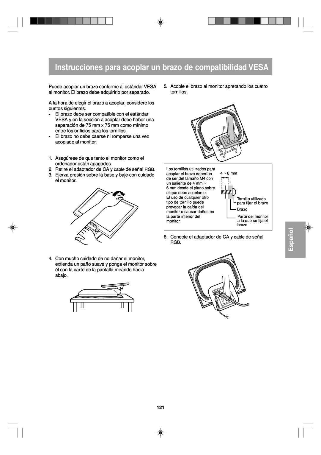 Sharp LL-T15V1 operation manual Instrucciones para acoplar un brazo de compatibilidad VESA, Español 