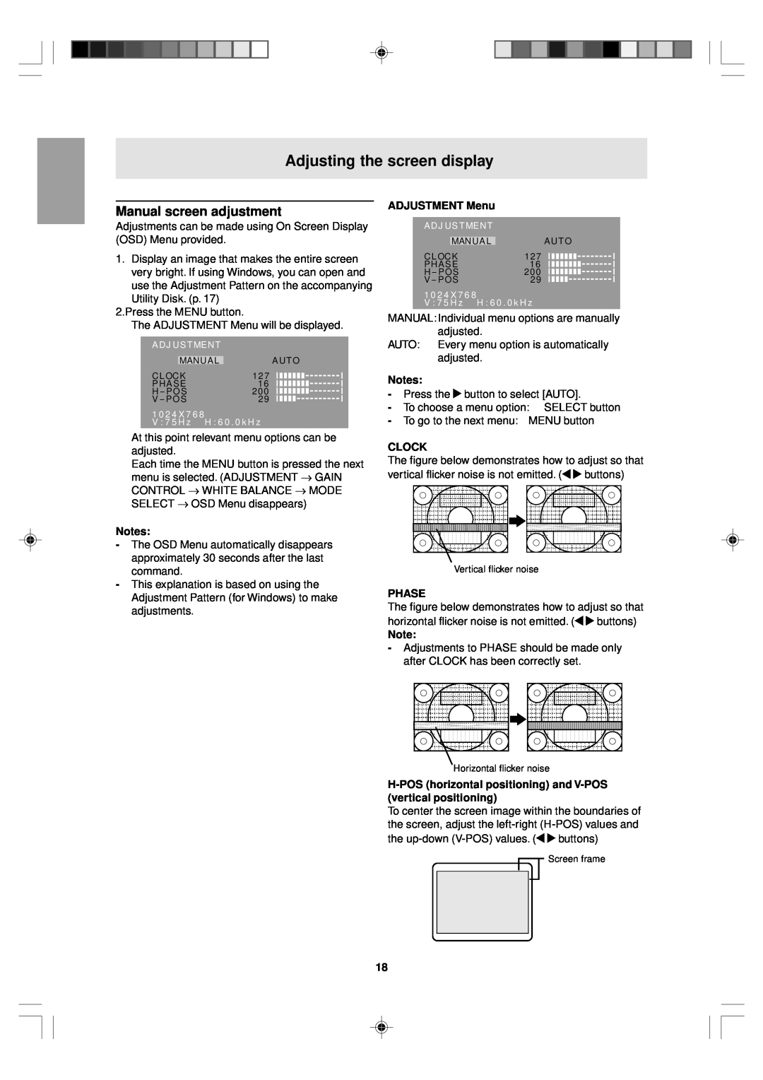 Sharp LL-T15V1 operation manual Manual screen adjustment, ADJUSTMENT Menu, Clock, Phase, Adjusting the screen display 
