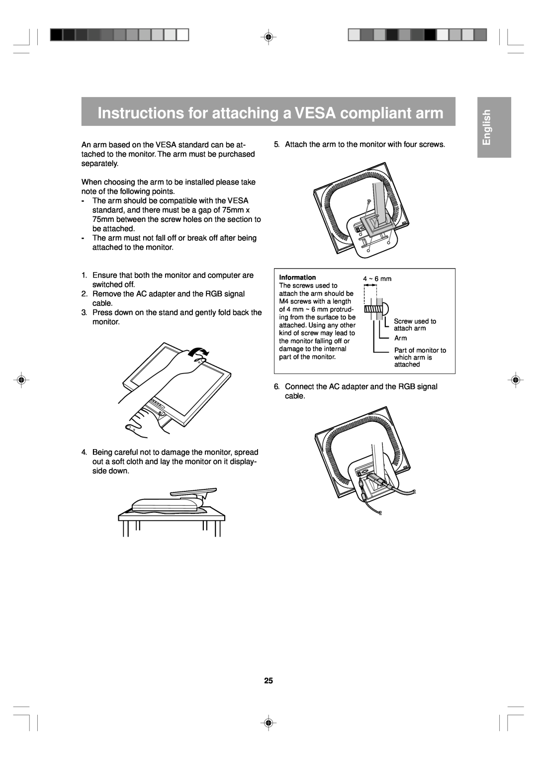 Sharp LL-T15V1 operation manual Instructions for attaching a VESA compliant arm, English 
