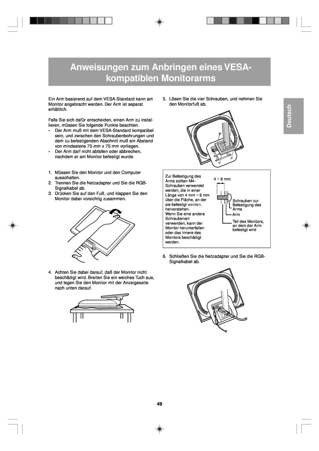 Sharp LL-T15V1 operation manual Anweisungen zum Anbringen eines VESA kompatiblen Monitorarms, Deutsch 