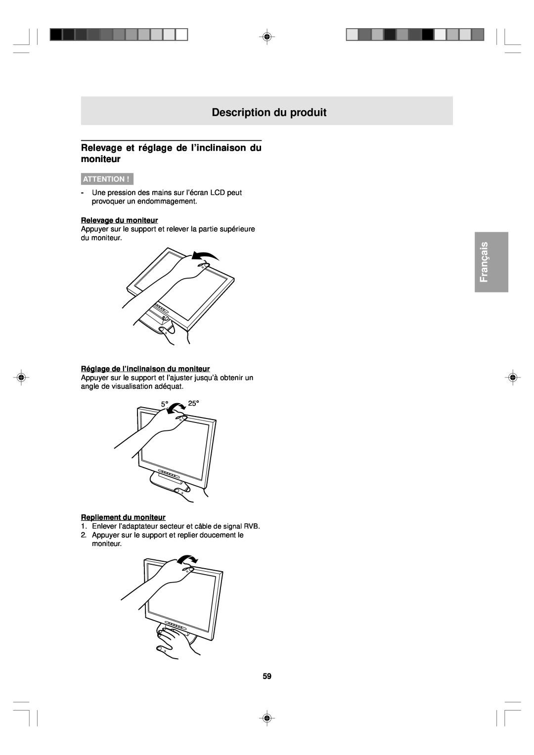 Sharp LL-T15V1 Description du produit, Relevage et réglage de l’inclinaison du moniteur, Relevage du moniteur, Français 