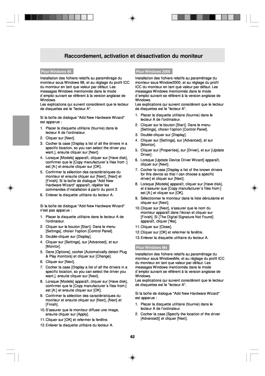 Sharp LL-T15V1 operation manual Pour Windows Me, Raccordement, activation et désactivation du moniteur 
