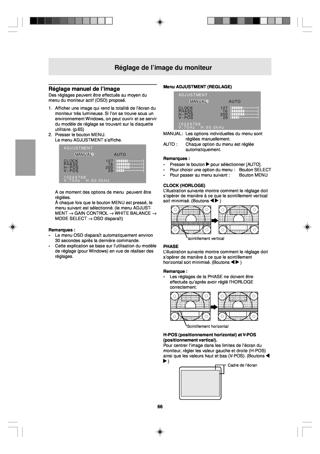 Sharp LL-T15V1 Réglage manuel de l’image, Menu ADJUSTMENT REGLAGE, Clock Horloge, Réglage de l’image du moniteur, Phase 