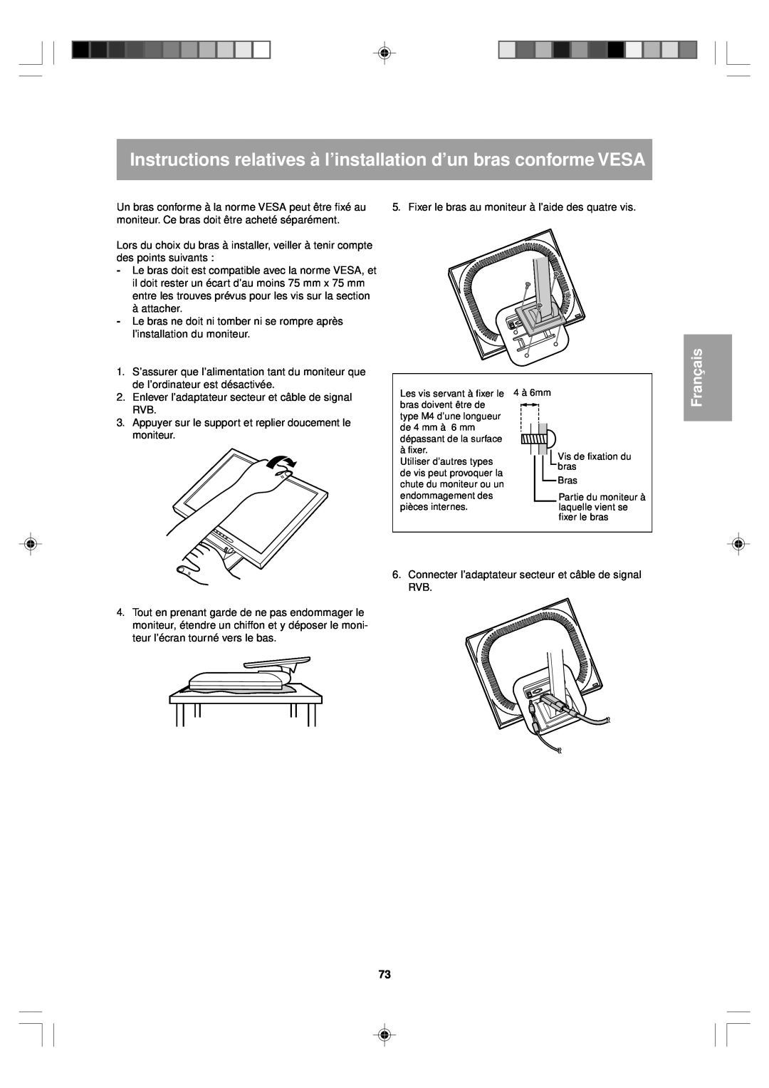 Sharp LL-T15V1 operation manual Instructions relatives à l’installation d’un bras conforme VESA, Français 