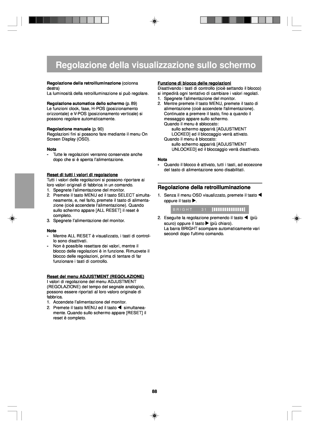 Sharp LL-T15V1 operation manual Regolazione della visualizzazione sullo schermo, Regolazione della retroilluminazione, Nota 