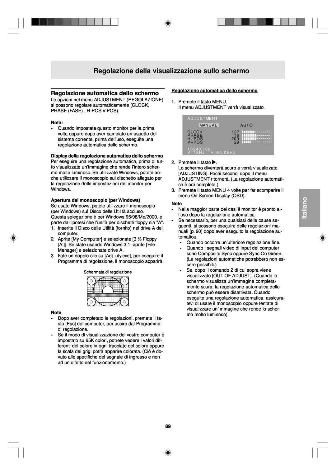 Sharp LL-T15V1 Regolazione della visualizzazione sullo schermo, Regolazione automatica dello schermo, Italiano, Nota 