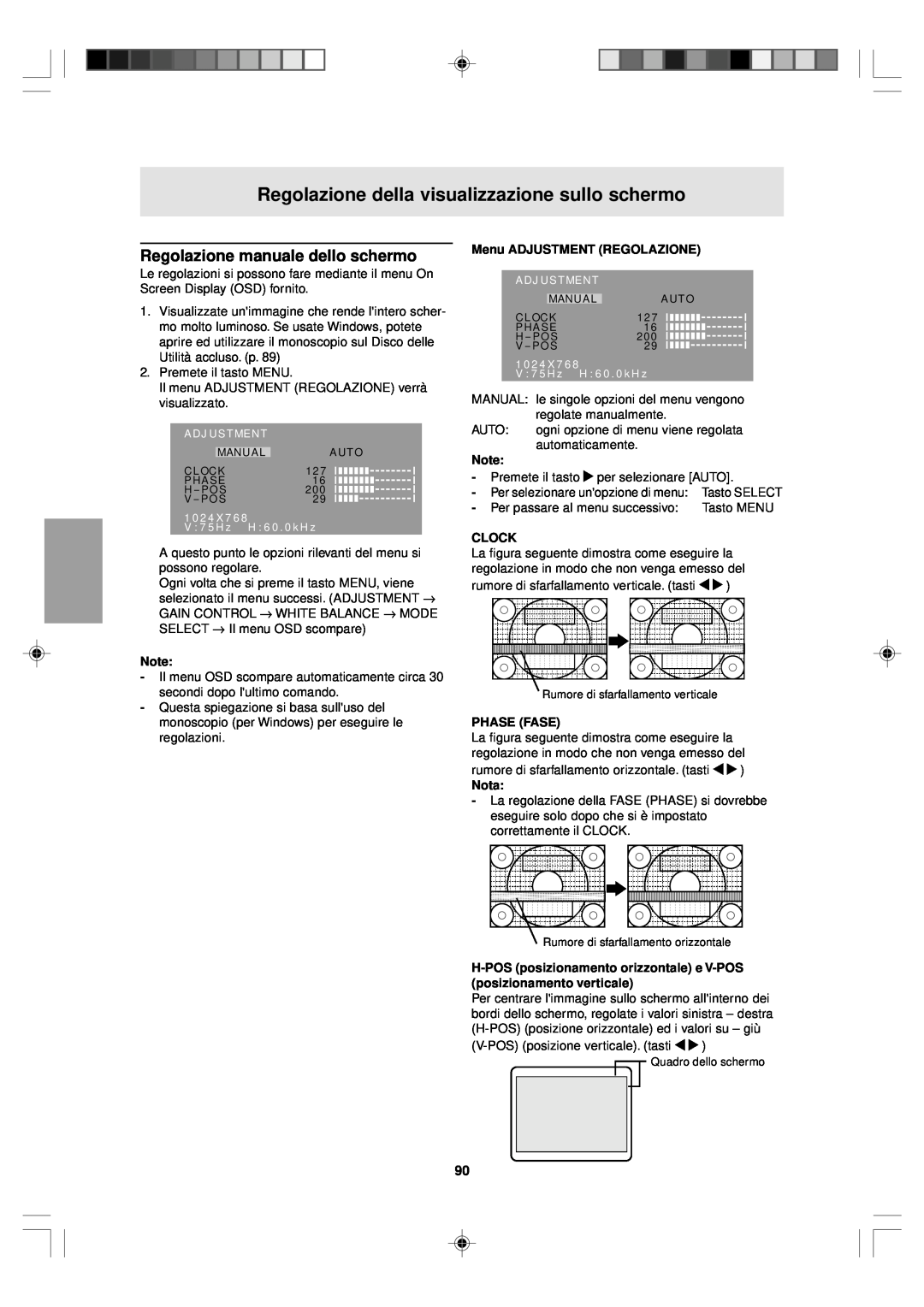 Sharp LL-T15V1 operation manual Regolazione manuale dello schermo, Menu ADJUSTMENT REGOLAZIONE, Phase Fase, Clock, Nota 