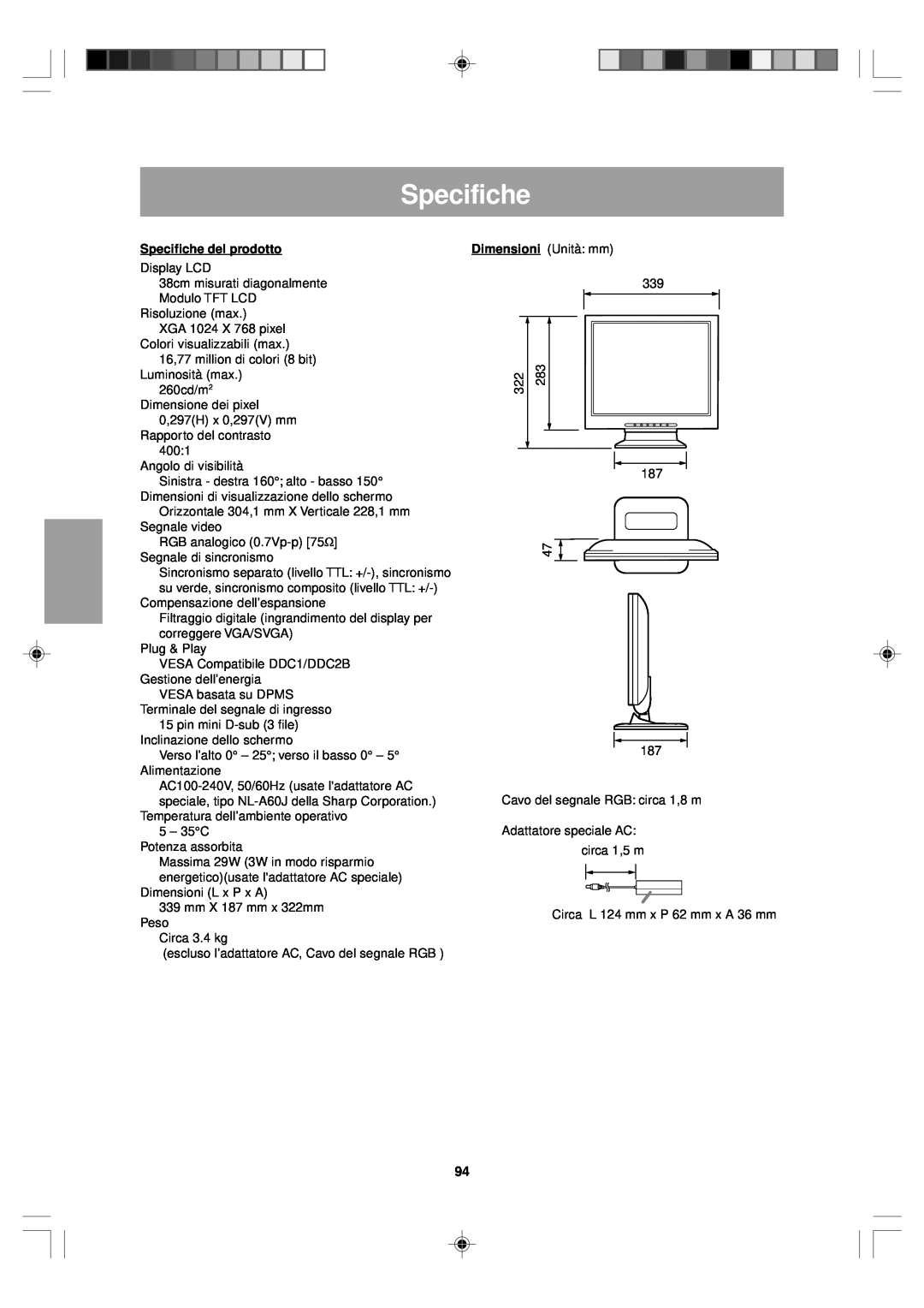 Sharp LL-T15V1 operation manual Specifiche del prodotto 