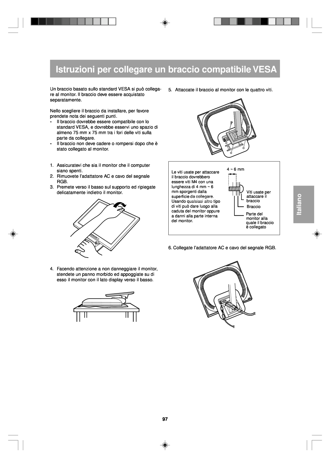 Sharp LL-T15V1 operation manual Istruzioni per collegare un braccio compatibile VESA, Italiano 