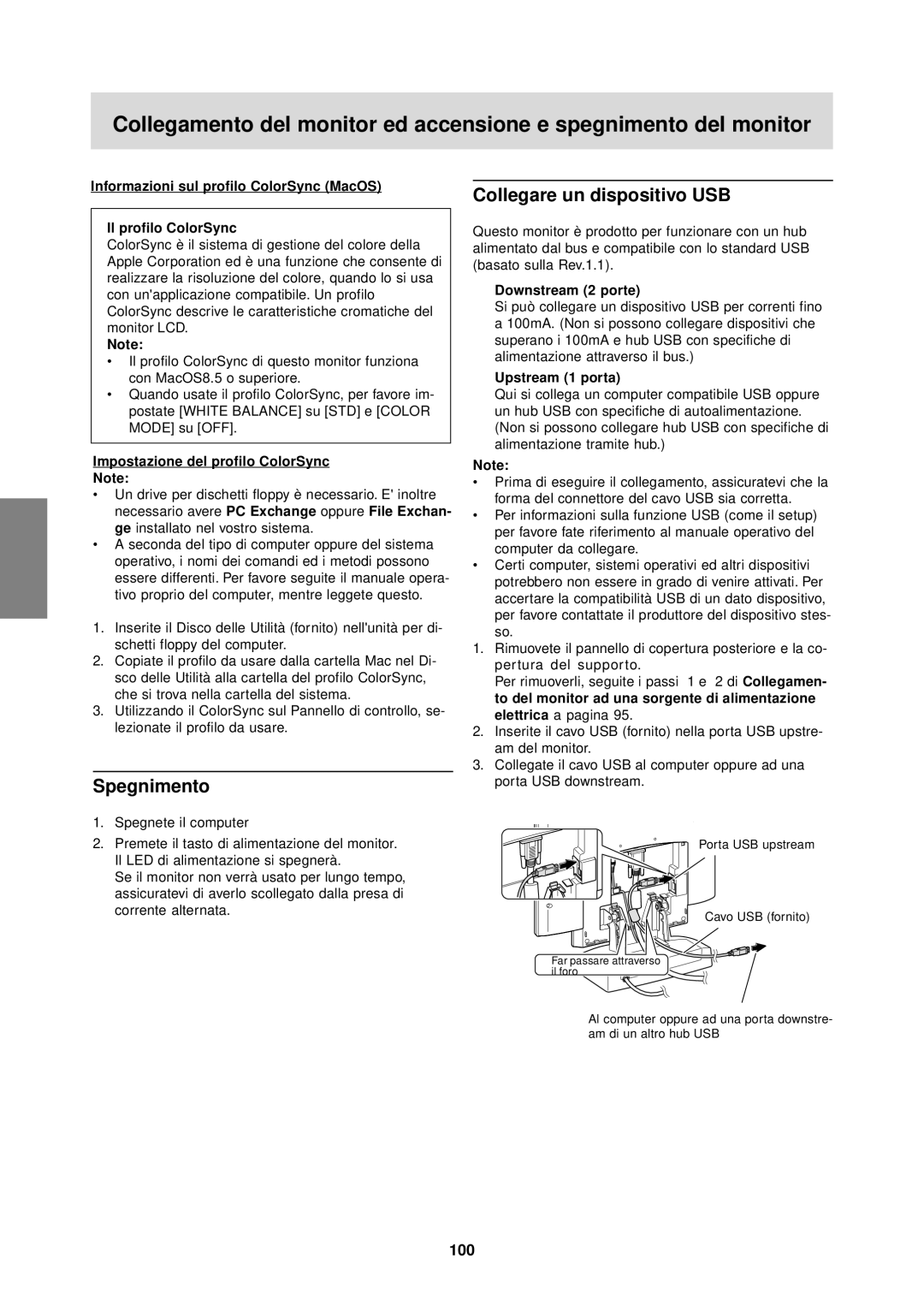 Sharp LL-T1610W operation manual Spegnimento, Collegare un dispositivo USB, 100, Downstream 2 porte, Upstream 1 porta 