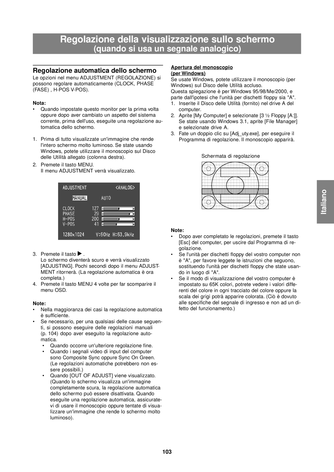 Sharp LL-T1610W operation manual Regolazione automatica dello schermo, 103, Apertura del monoscopio per Windows 