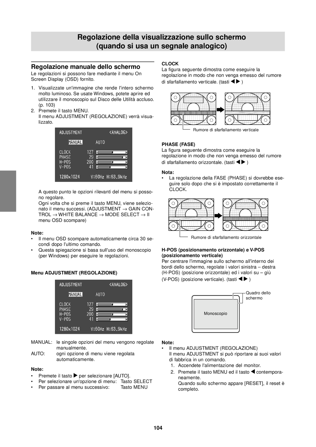 Sharp LL-T1610W operation manual Regolazione manuale dello schermo, 104, Menu Adjustment Regolazione 