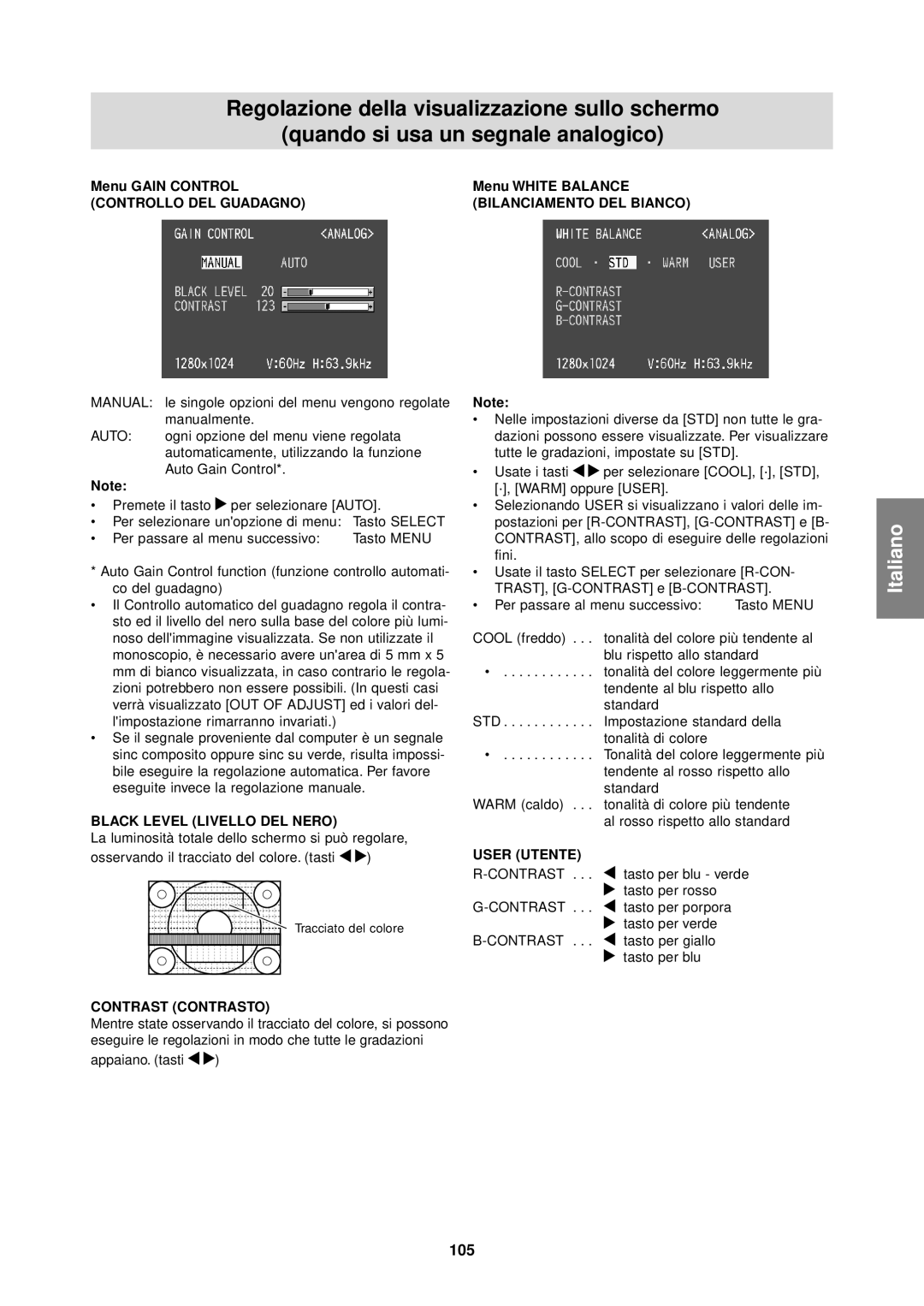 Sharp LL-T1610W operation manual 105, Menu Gain Control Menu White Balance 