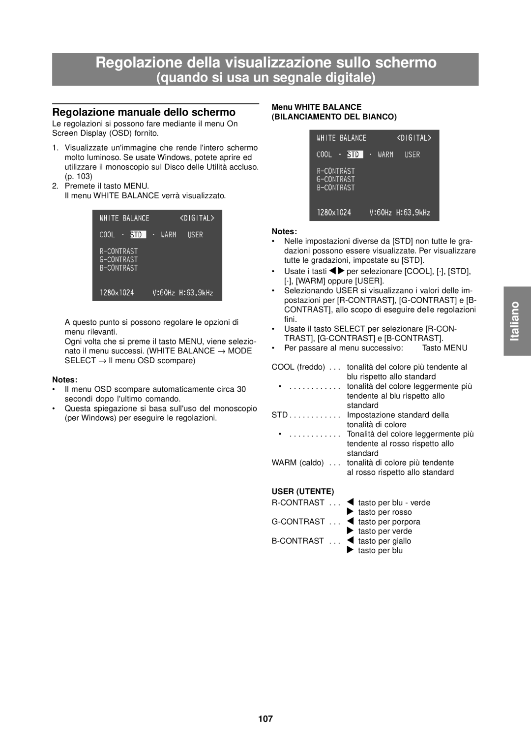 Sharp LL-T1610W operation manual 107, Menu White Balance Bilanciamento DEL Bianco 