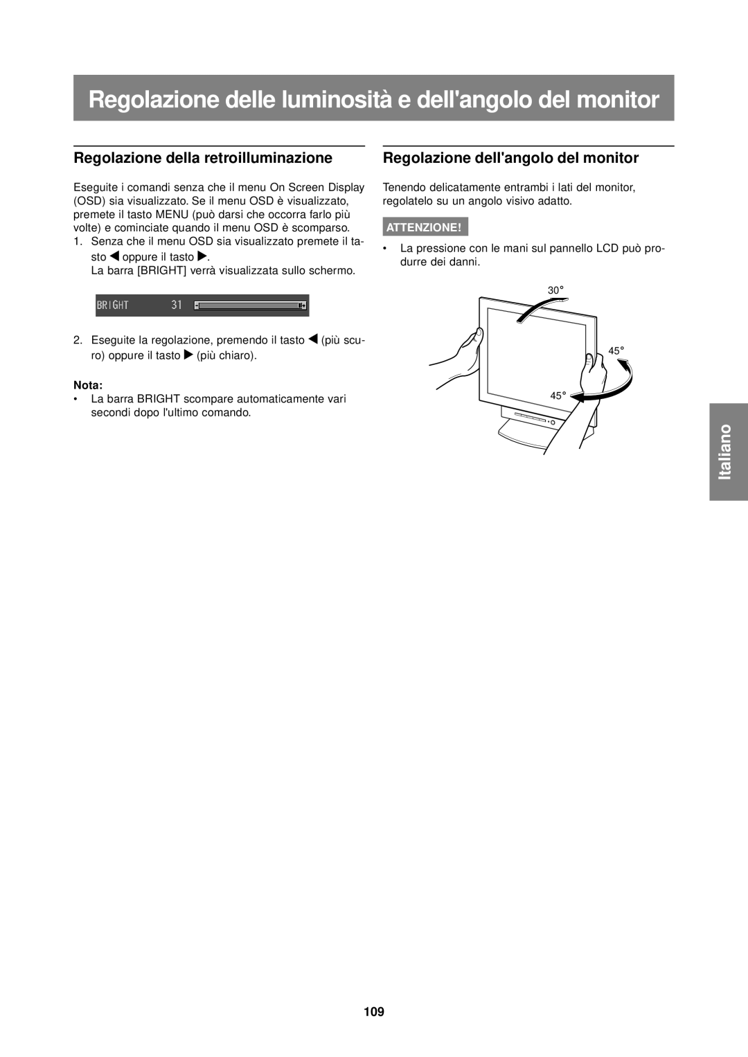 Sharp LL-T1610W operation manual Regolazione della retroilluminazione, 109 