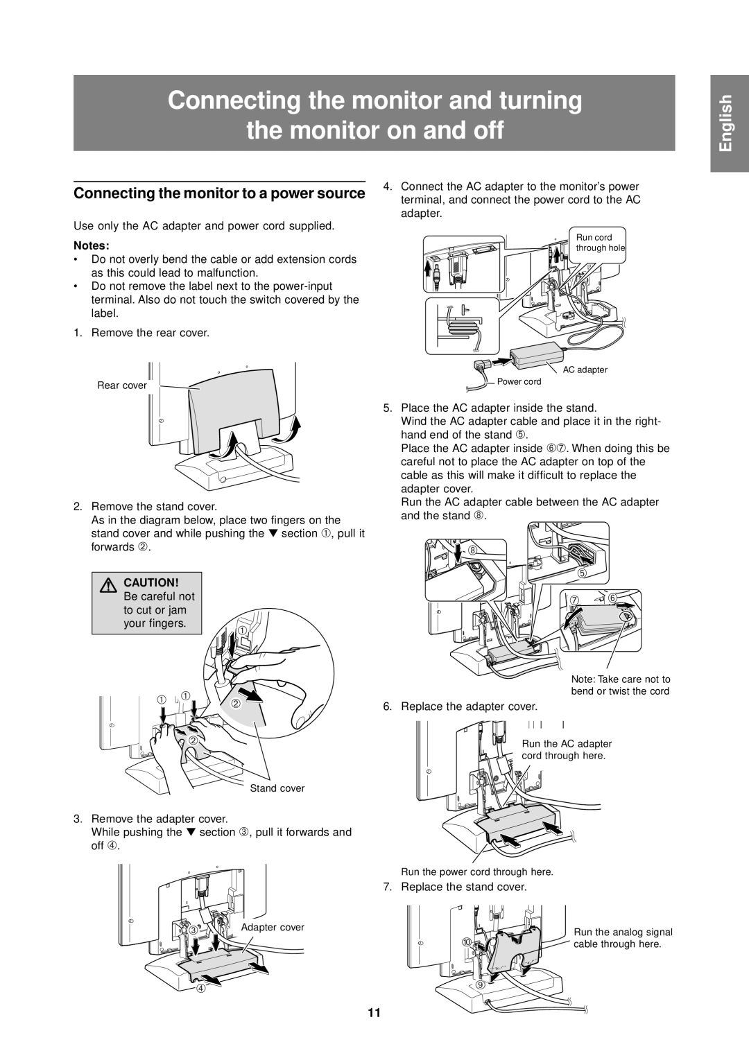 Sharp LL-T1610W Connecting the monitor and turning Monitor on and off, Replace the adapter cover, Replace the stand cover 