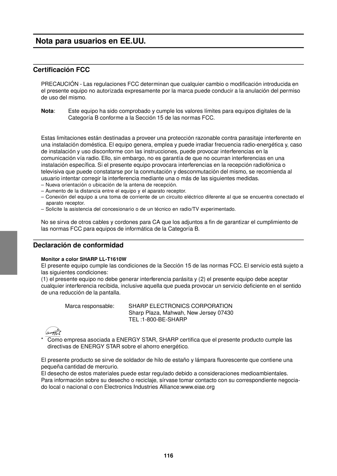 Sharp LL-T1610W operation manual Nota para usuarios en EE.UU, Certificación FCC, Declaración de conformidad, 116 