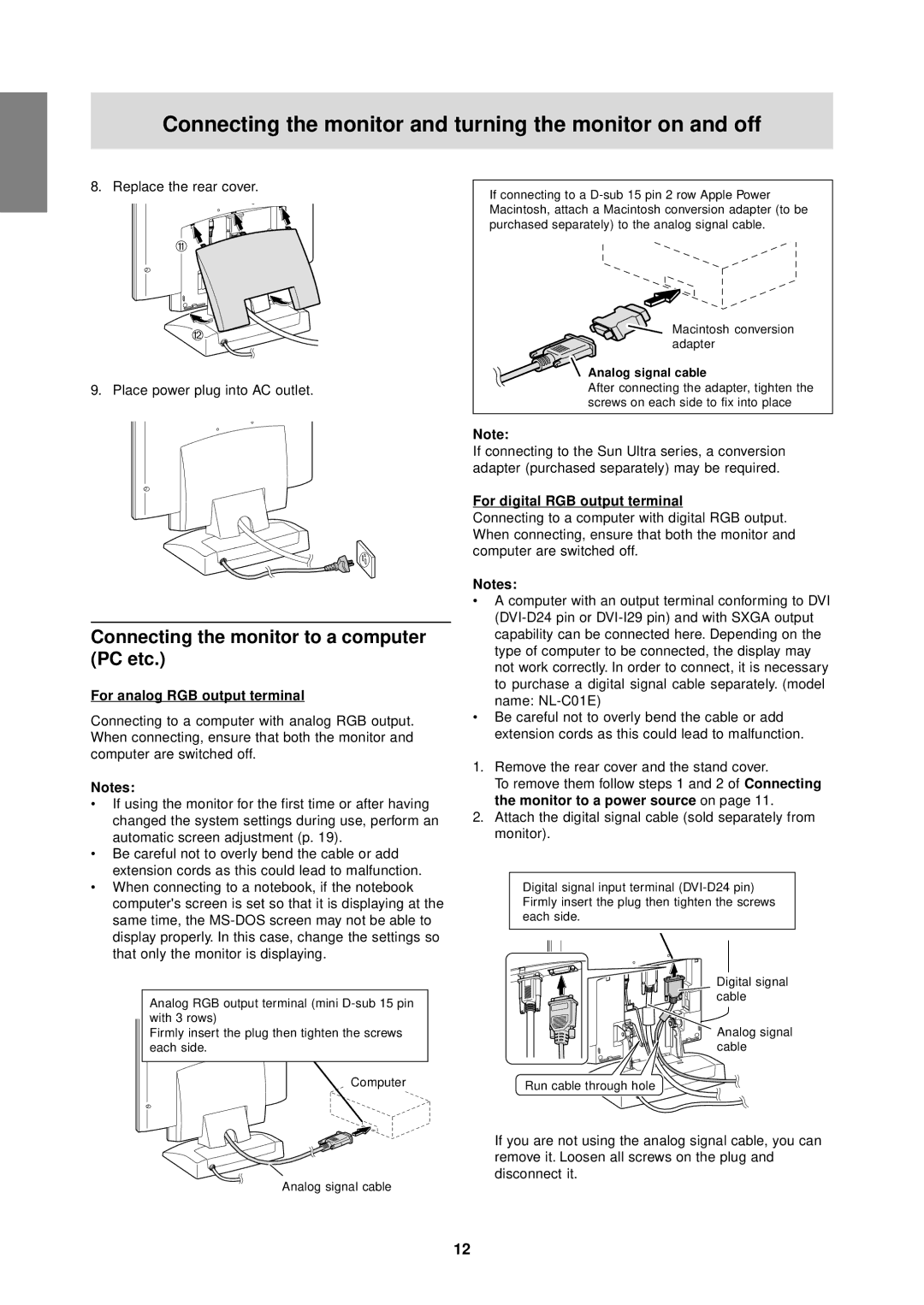 Sharp LL-T1610W Connecting the monitor and turning the monitor on and off, Connecting the monitor to a computer PC etc 