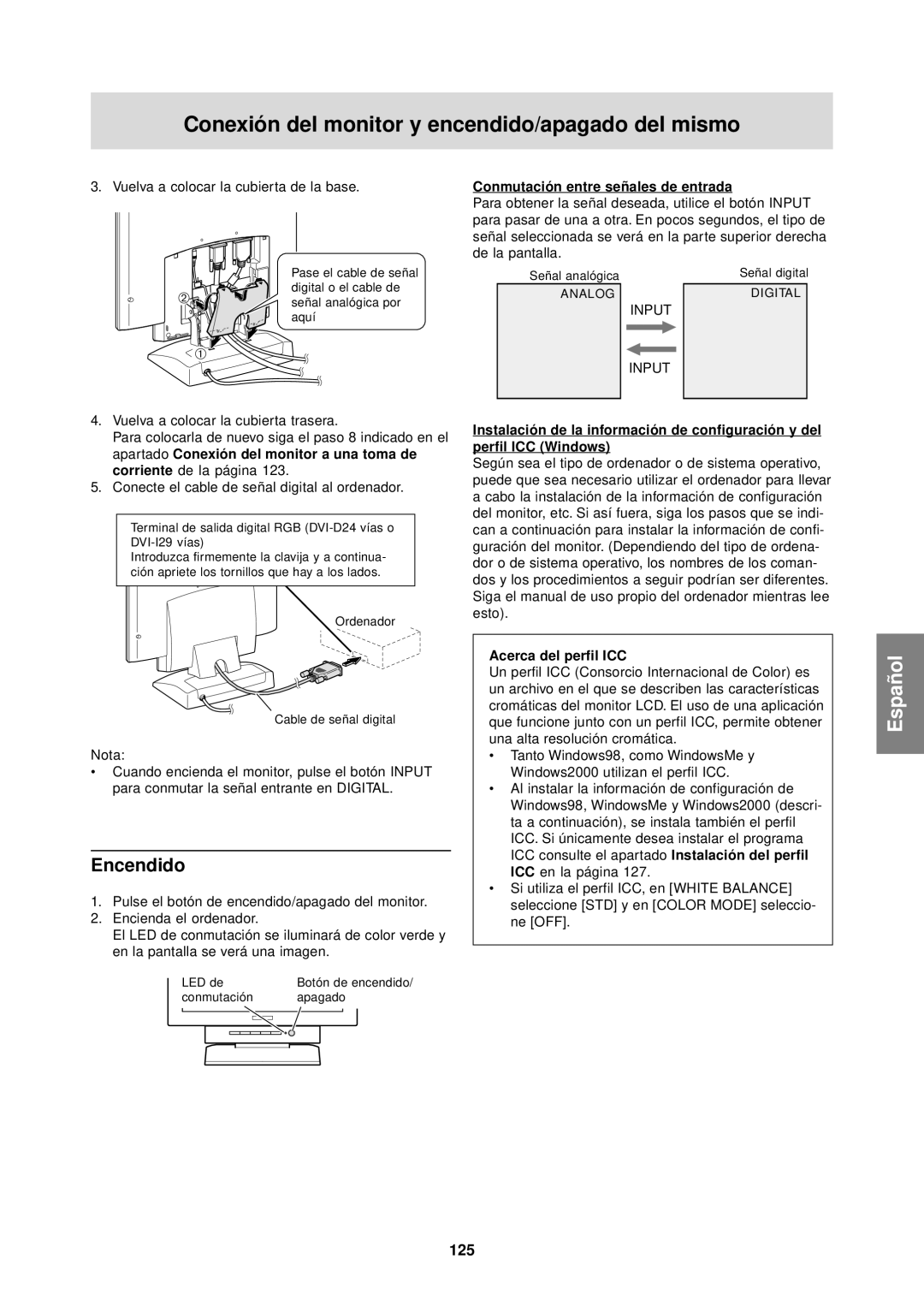 Sharp LL-T1610W operation manual Encendido, 125, Conmutación entre señales de entrada, Acerca del perfil ICC 