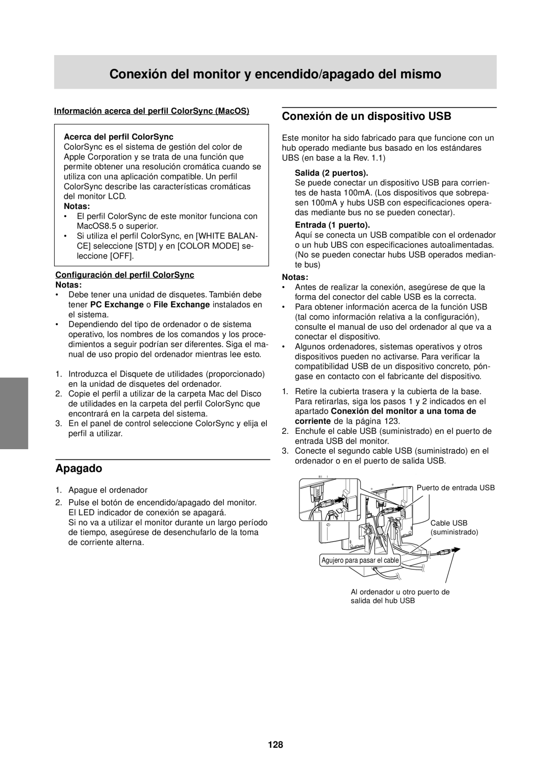 Sharp LL-T1610W operation manual Apagado, Conexión de un dispositivo USB, 128, Salida 2 puertos, Entrada 1 puerto 