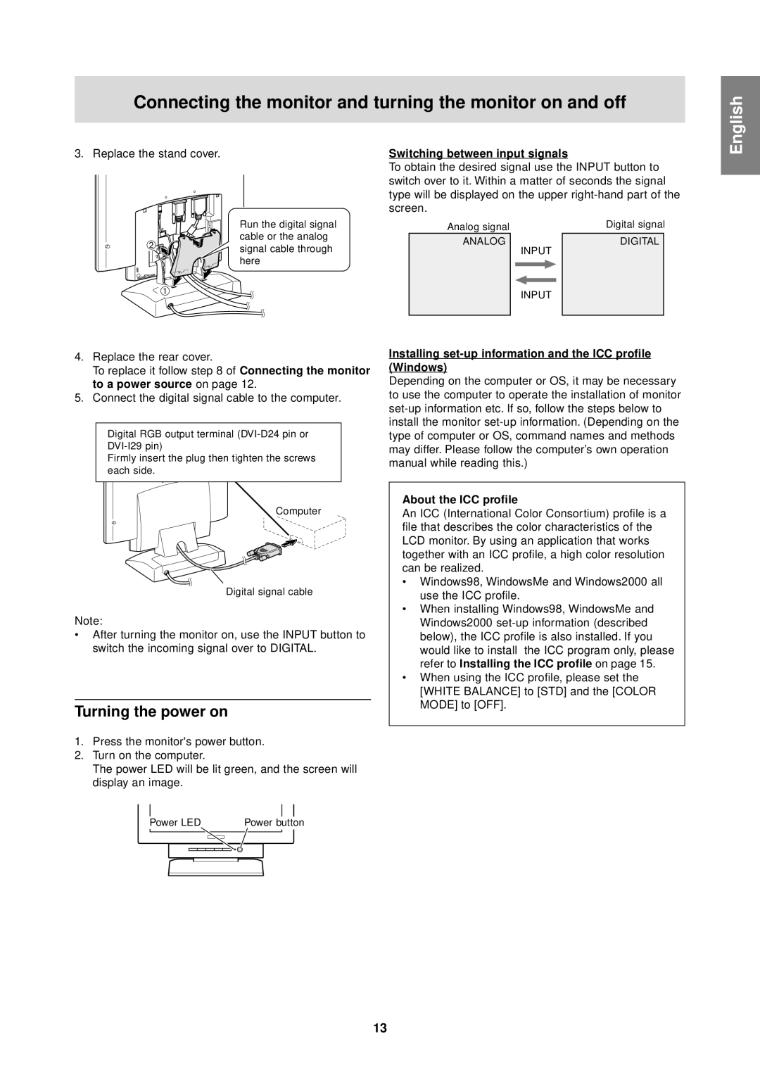 Sharp LL-T1610W operation manual Turning the power on, Switching between input signals, About the ICC profile 