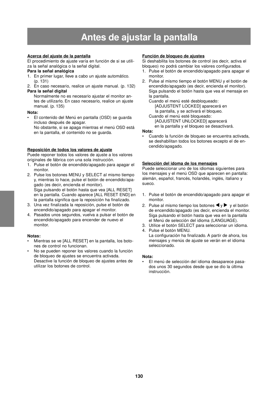 Sharp LL-T1610W operation manual Antes de ajustar la pantalla, 130 