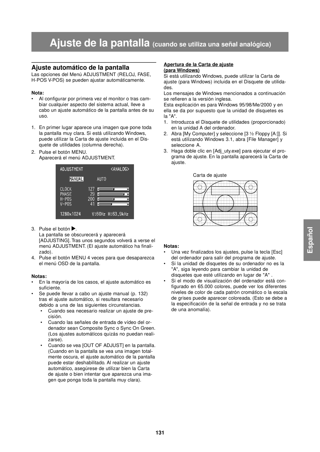 Sharp LL-T1610W operation manual Ajuste automático de la pantalla, 131, Apertura de la Carta de ajuste para Windows 