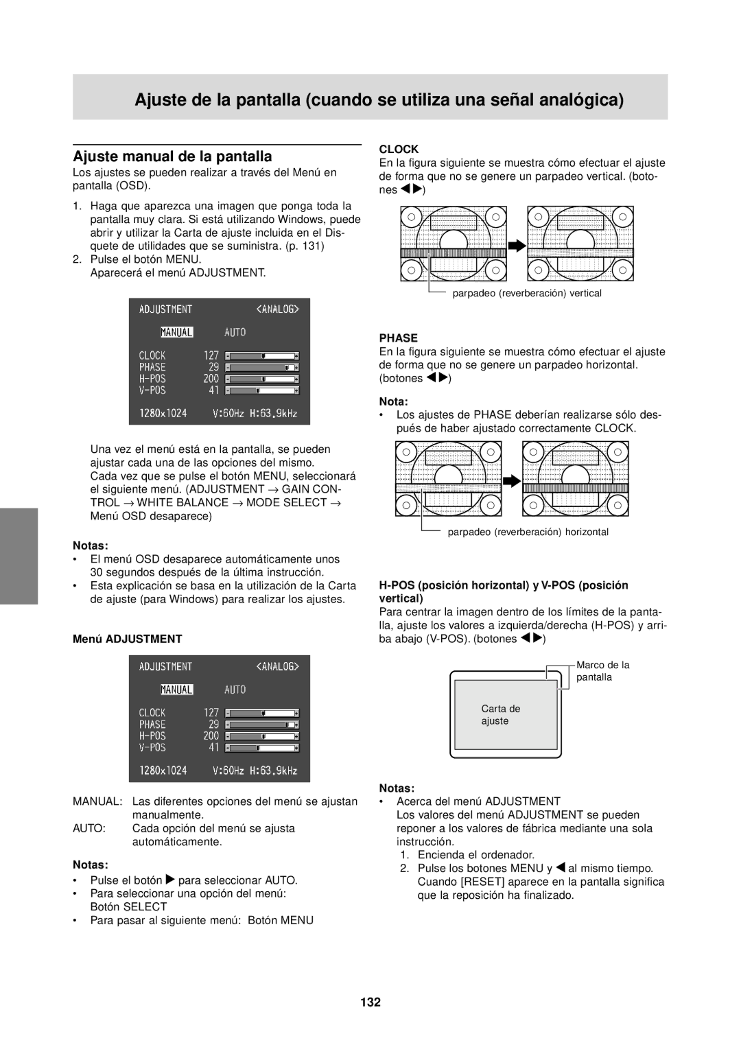 Sharp LL-T1610W Ajuste de la pantalla cuando se utiliza una señal analógica, Ajuste manual de la pantalla, 132 