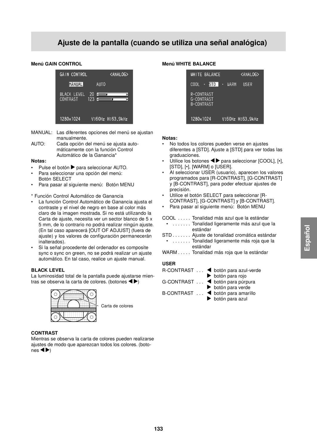 Sharp LL-T1610W operation manual 133, Menú Gain Control Menú White Balance 