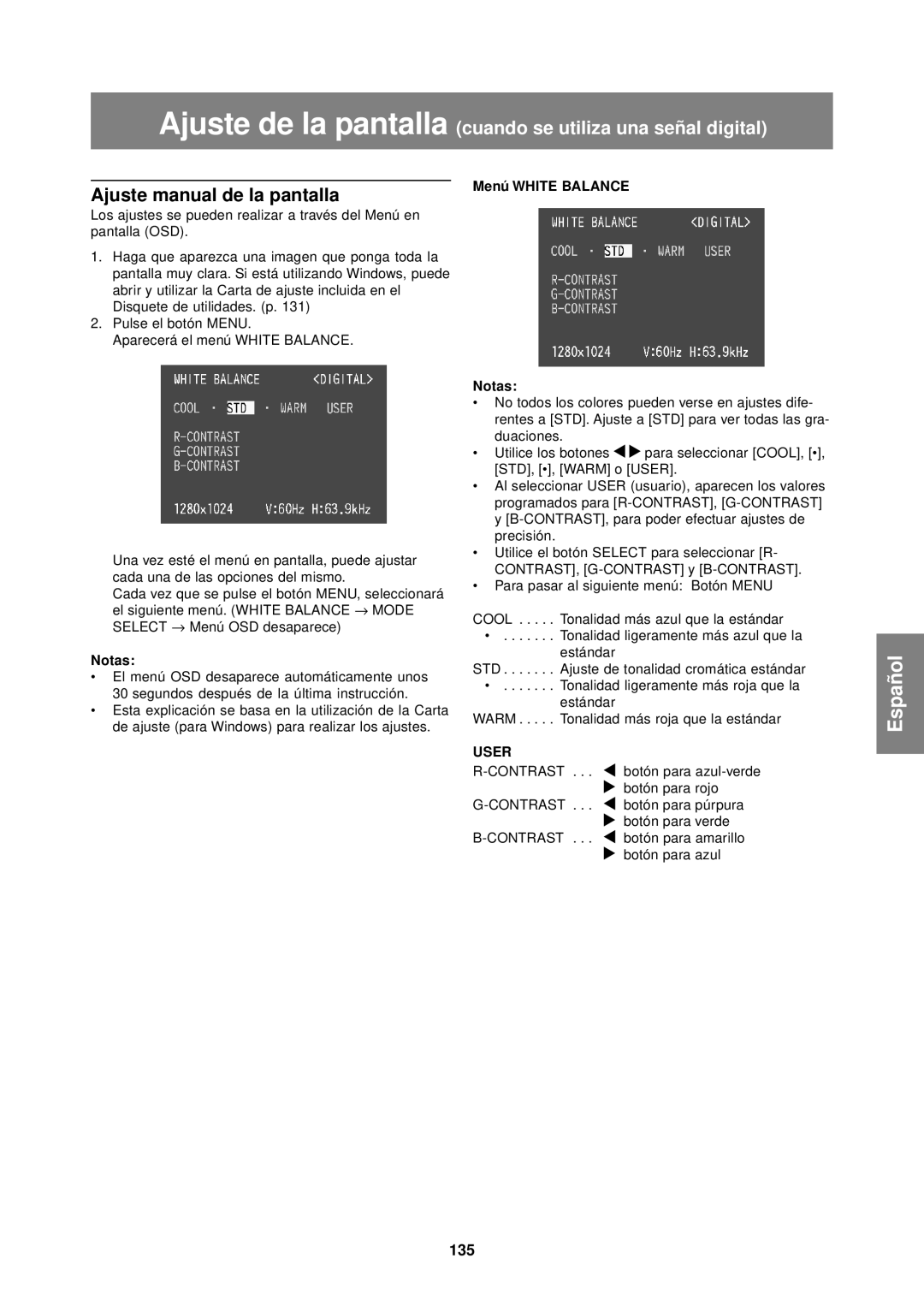 Sharp LL-T1610W operation manual 135, Menú White Balance Notas 