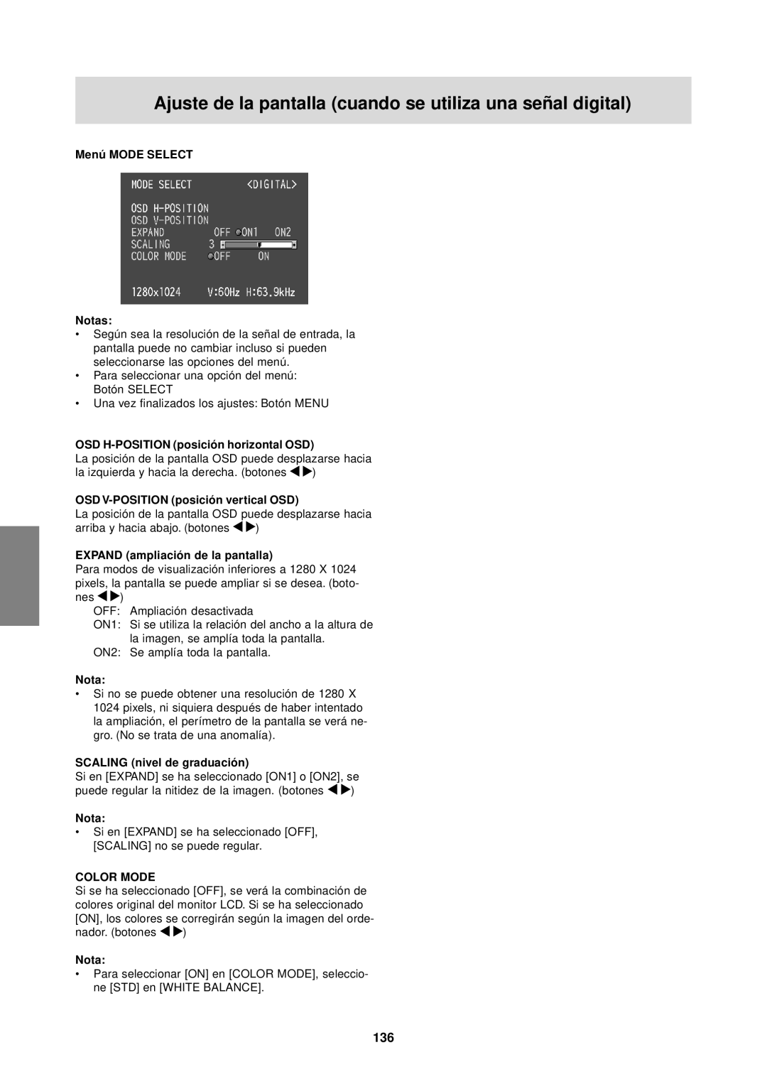 Sharp LL-T1610W operation manual Ajuste de la pantalla cuando se utiliza una señal digital, 136 