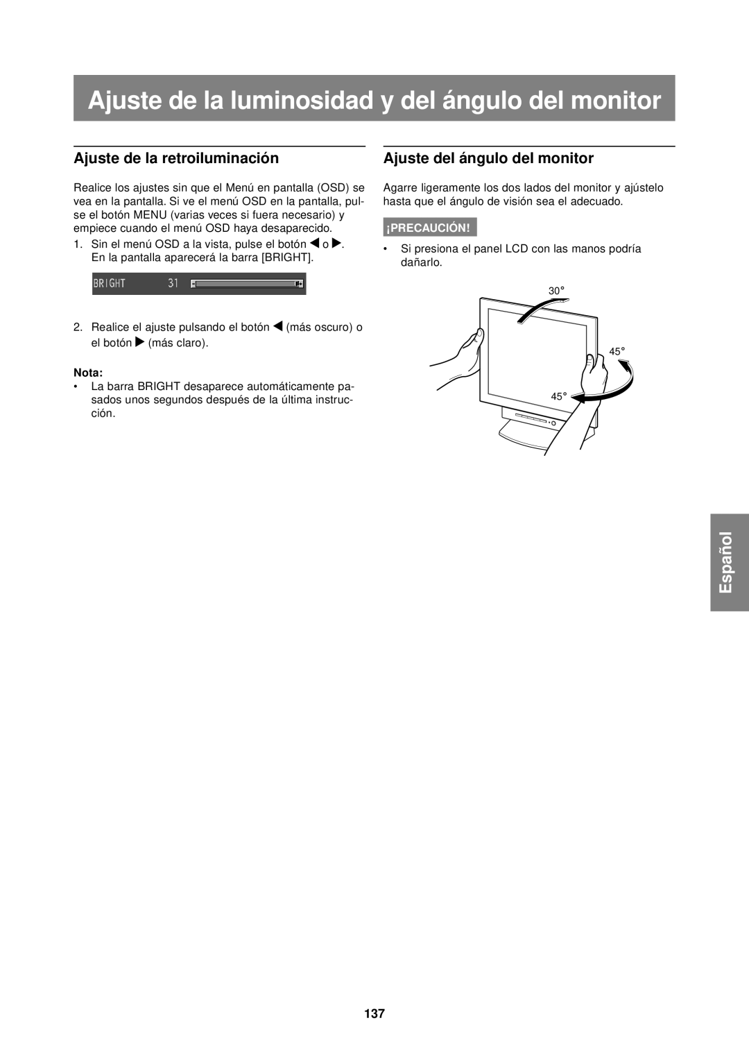 Sharp LL-T1610W operation manual Ajuste de la luminosidad y del ángulo del monitor, Ajuste de la retroiluminación, 137 