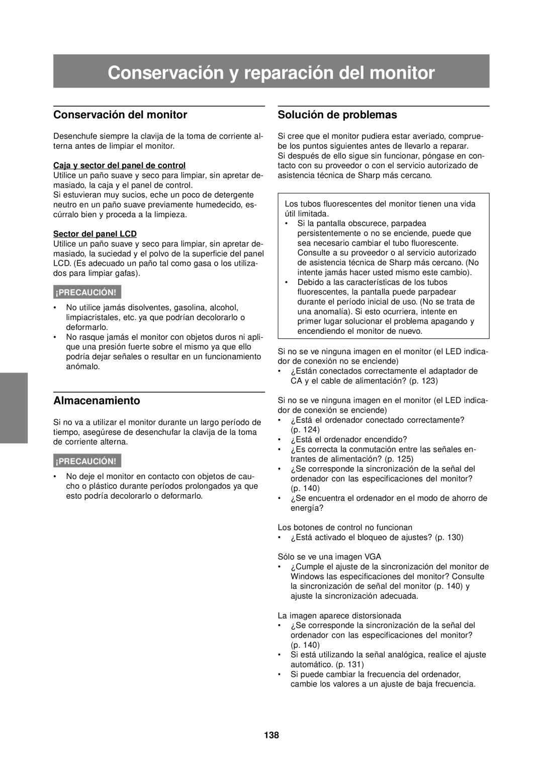 Sharp LL-T1610W operation manual Conservación y reparación del monitor, Conservación del monitor, Almacenamiento, 138 