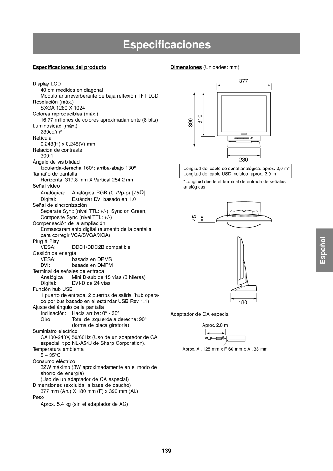 Sharp LL-T1610W operation manual 139, Especificaciones del producto 