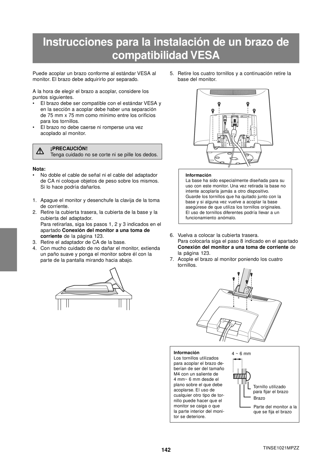 Sharp LL-T1610W operation manual 142, Tenga cuidado no se corte ni se pille los dedos 