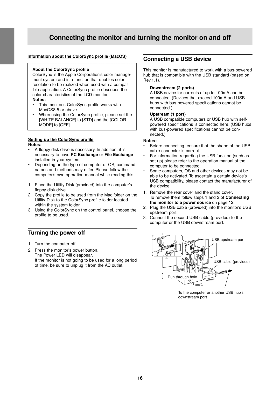 Sharp LL-T1610W operation manual Connecting a USB device, Turning the power off, Downstream 2 ports, Upstream 1 port 