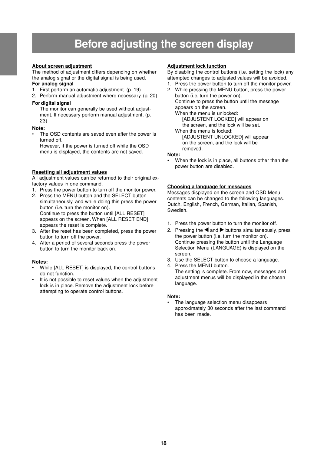 Sharp LL-T1610W operation manual Before adjusting the screen display 