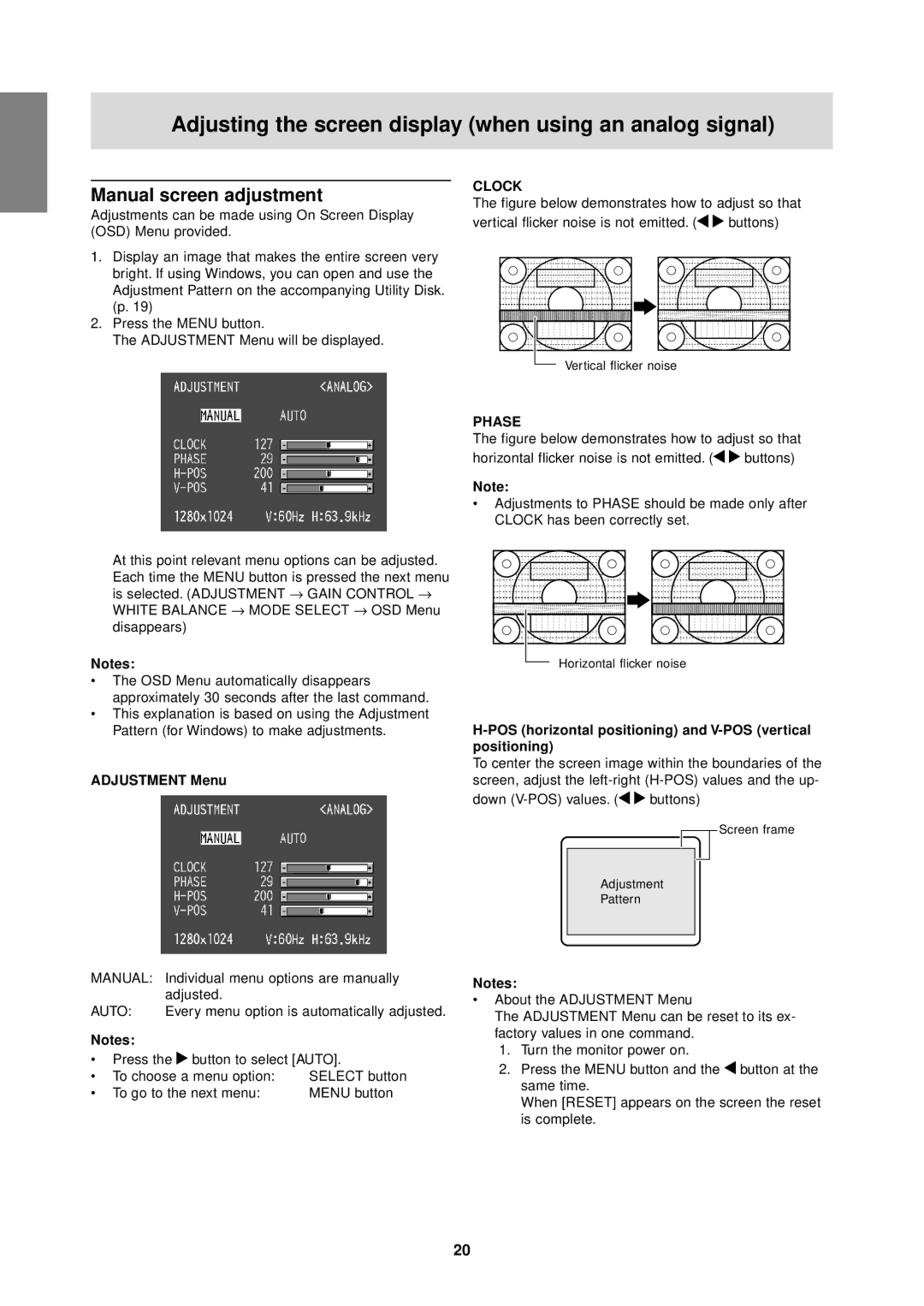 Sharp LL-T1610W Adjusting the screen display when using an analog signal, Manual screen adjustment, Adjustment Menu 