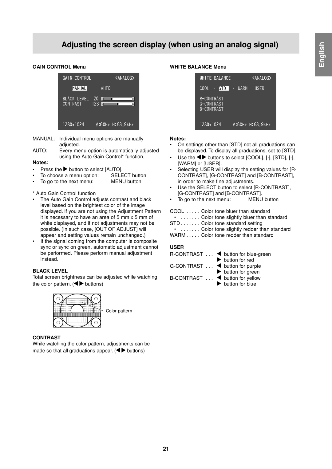 Sharp LL-T1610W operation manual Gain Control Menu White Balance Menu 