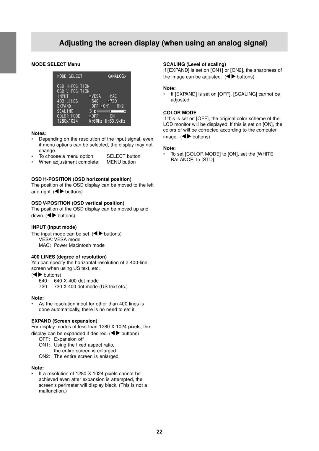 Sharp LL-T1610W Mode Select Menu, OSD H-POSITION OSD horizontal position, OSD V-POSITION OSD vertical position 