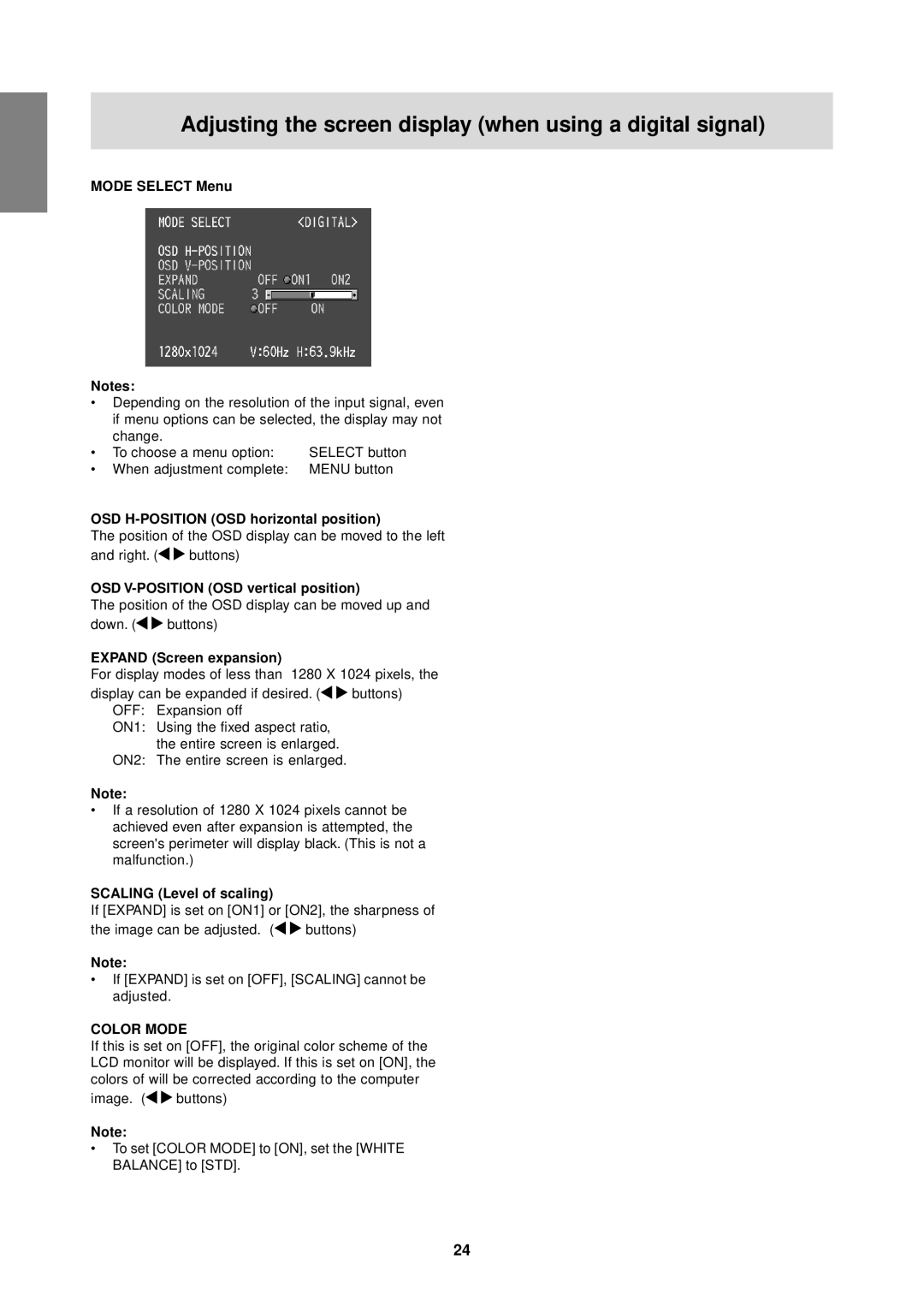 Sharp LL-T1610W operation manual Adjusting the screen display when using a digital signal 