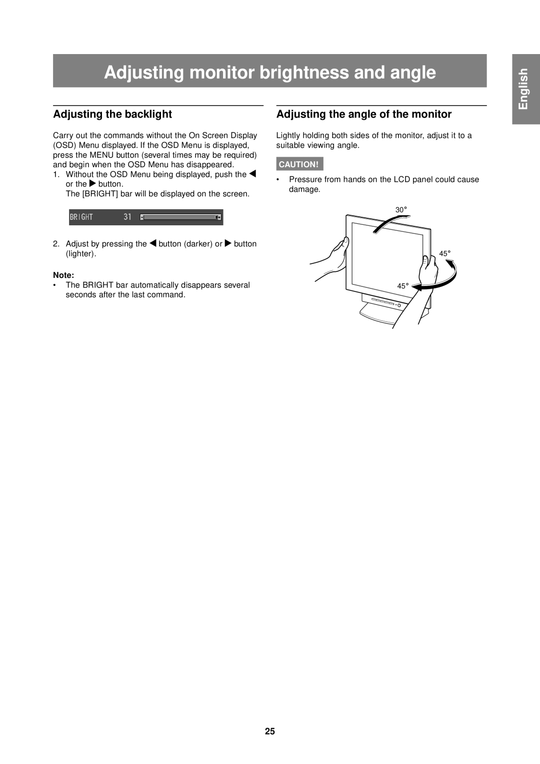 Sharp LL-T1610W Adjusting monitor brightness and angle, Adjusting the backlight, Adjusting the angle of the monitor 