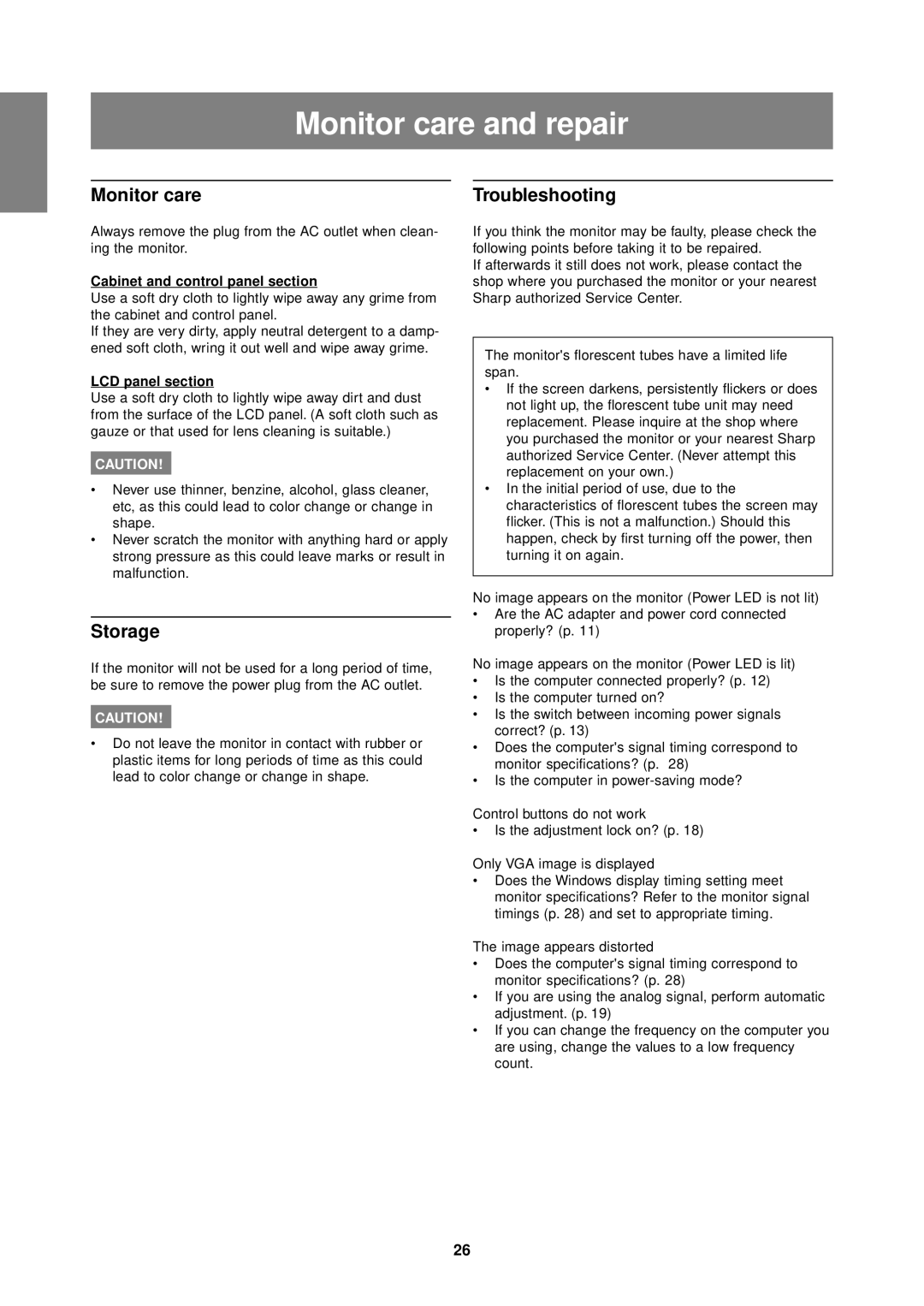 Sharp LL-T1610W operation manual Monitor care and repair, Storage, Troubleshooting 