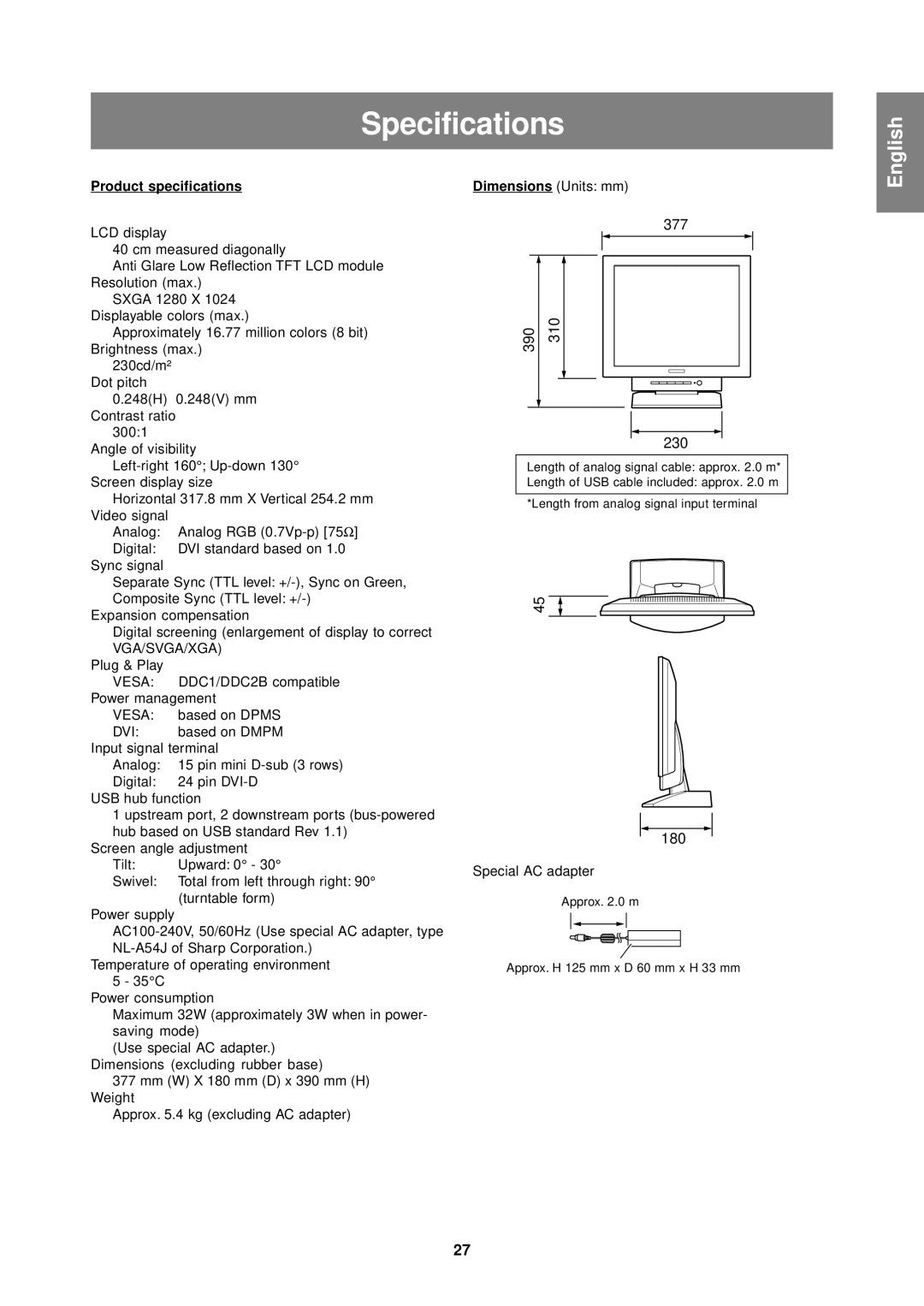 Sharp LL-T1610W operation manual Specifications, Product specifications 